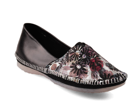 Maciejka T1930 czarne skórzane baleriny w kwiaty